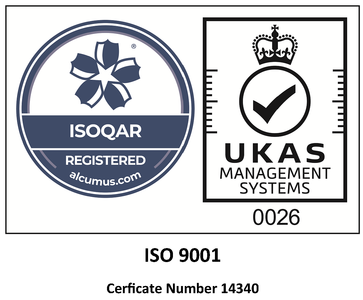 ISOQAR registered ISO 9001 certificate, UKAS management systems accreditation 0026, certificate number 14340